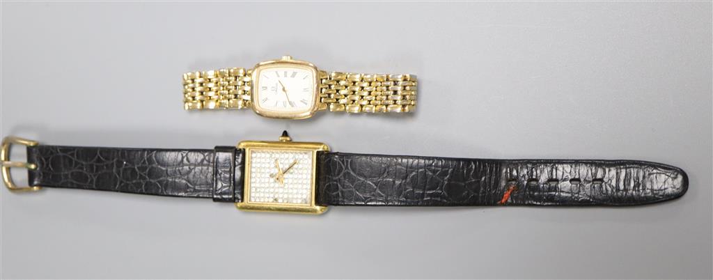 A ladys steel and gold plated Omega quartz wrist watch and one other gold plated wrist watch(a.f.).